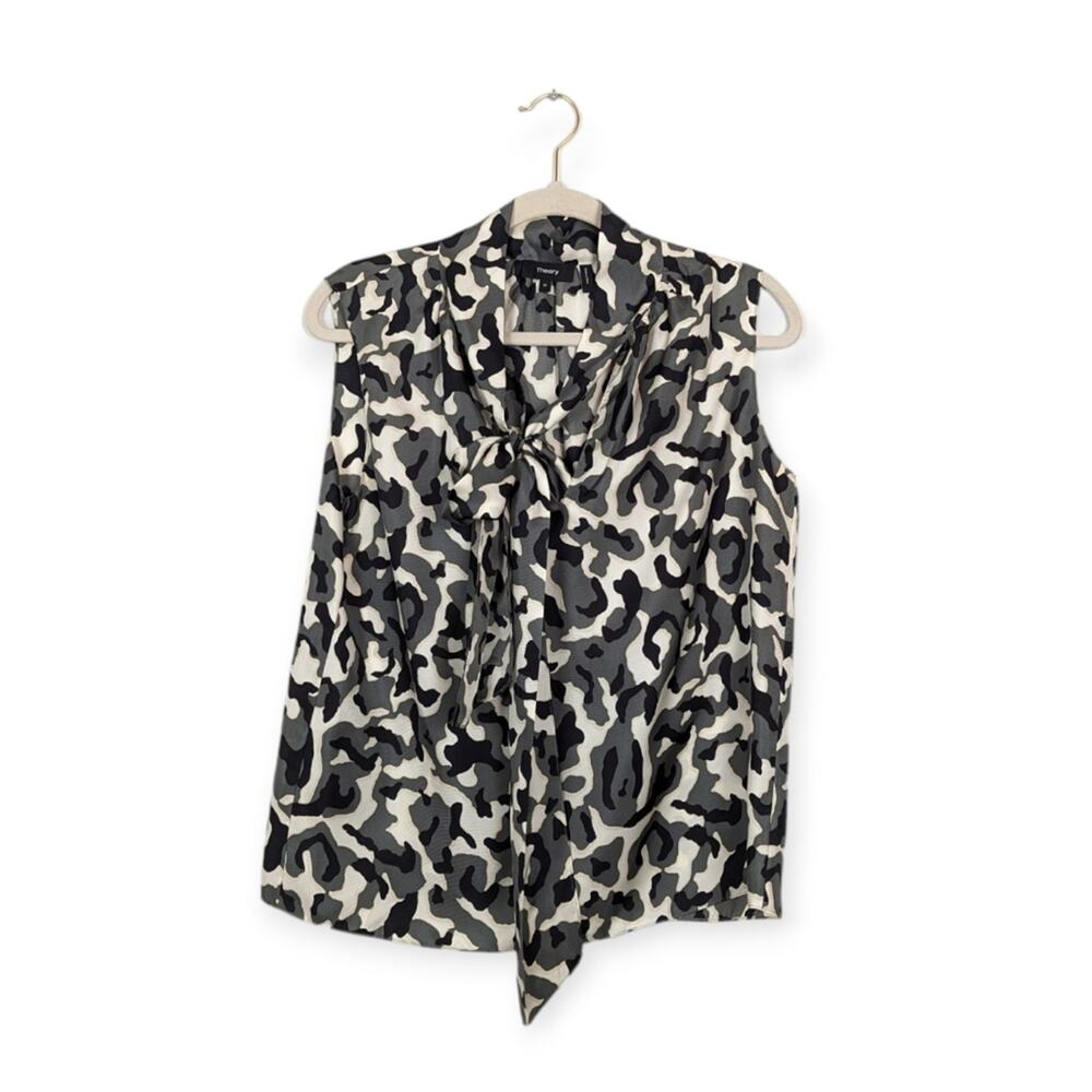 Theory Silk Top M Black Multi Camo Twill Tie Scarf Sleeveless Luxury